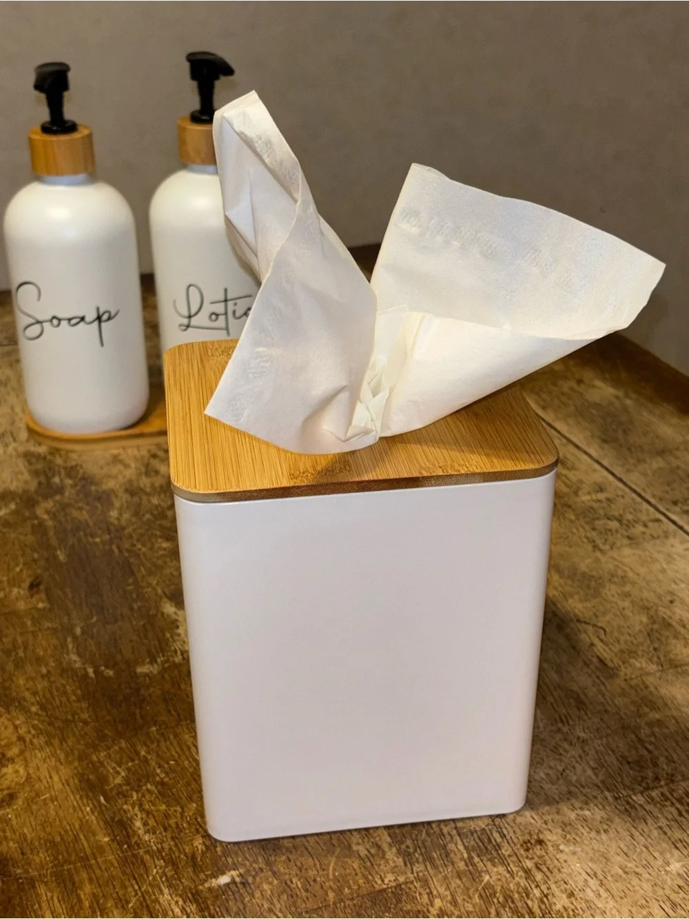Modern Bamboo Bathroom Set Soap Lotion Dispensers Tissue Box White 3 Pc